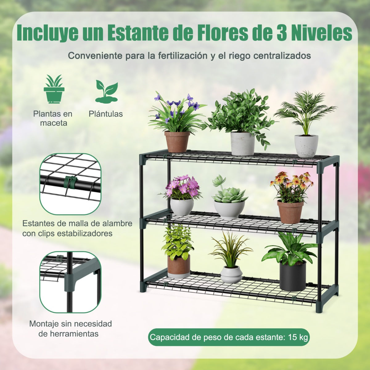 Mini Invernadero con Estante para Flores Invernadero de Pared Portátil con Cubierta de PE para Plántulas y Macetas 198,5 x 98 x 215 cm