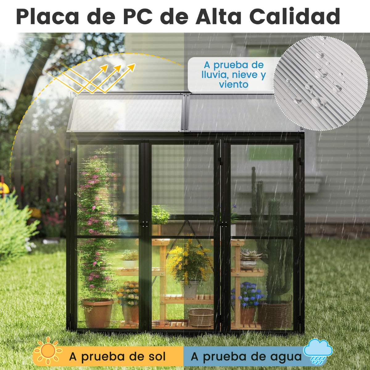 Invernadero de Aluminio para Exteriores con Techo Solar y 3 Puertas con Cerradura Placa de PC 180 x 52 x 190 cm Negro