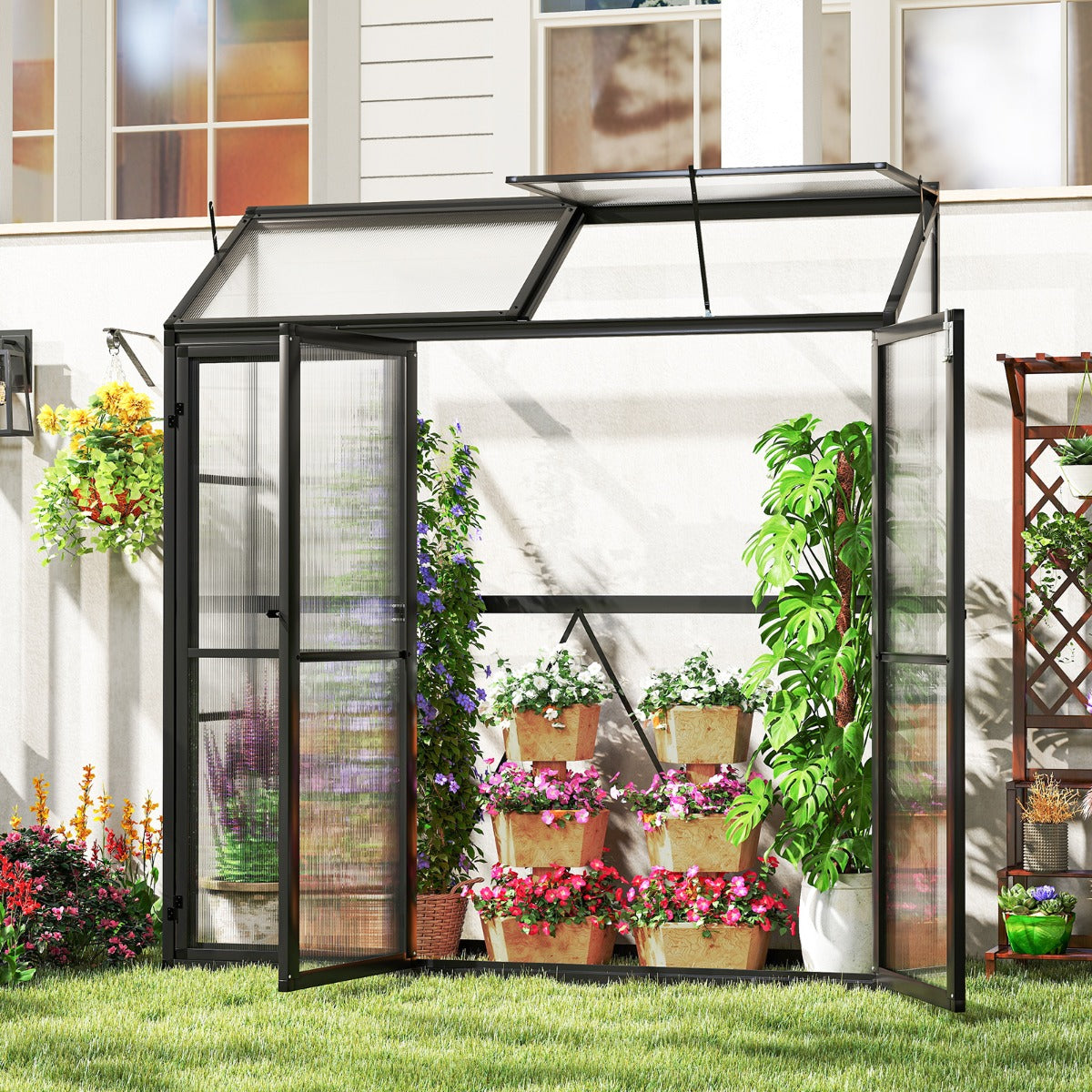 Invernadero de Aluminio para Exteriores con Techo Solar y 3 Puertas con Cerradura Placa de PC 180 x 52 x 190 cm Negro
