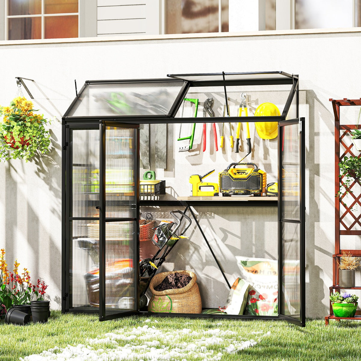 Invernadero de Aluminio para Exteriores con Techo Solar y 3 Puertas con Cerradura Placa de PC 180 x 52 x 190 cm Negro