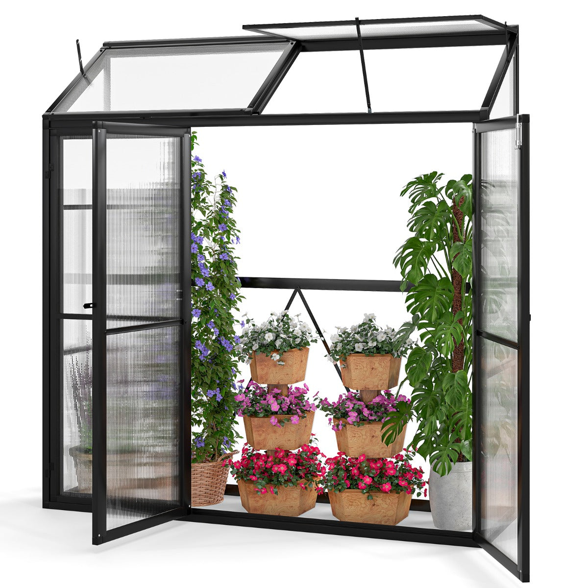 Invernadero de Aluminio para Exteriores con Techo Solar y 3 Puertas con Cerradura Placa de PC 180 x 52 x 190 cm Negro