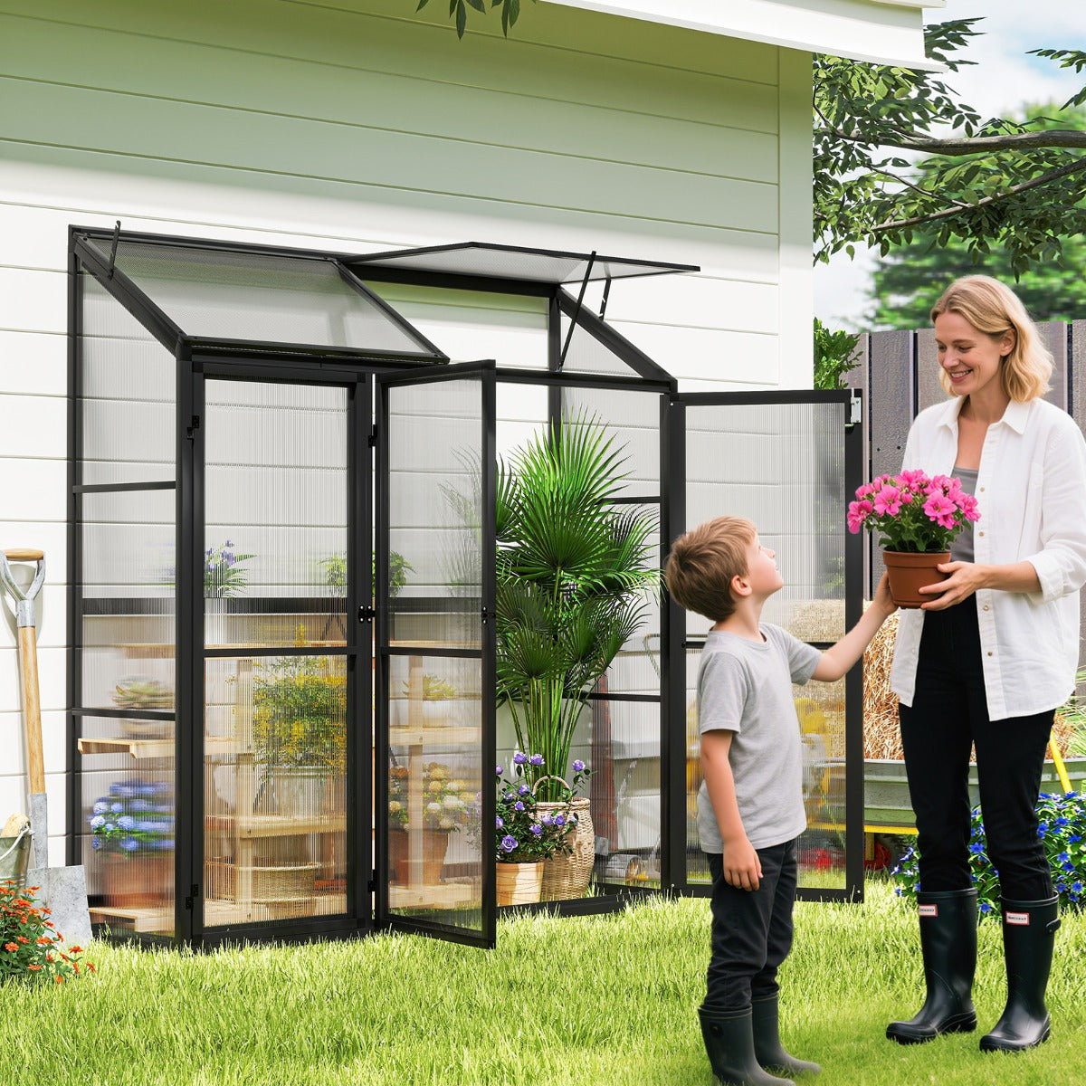 Invernadero de Aluminio para Exteriores con Techo Solar y 3 Puertas con Cerradura Placa de PC 180 x 52 x 190 cm Negro