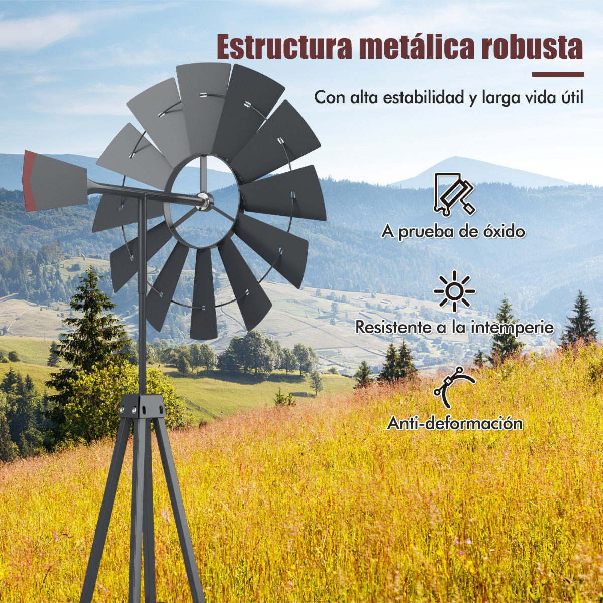 Molino de Viento Ornamental de Metal con 4 Estacas 4 Patas de Soporte Veleta Decorativa para Patio Jardín Granja 67 x 67 x 253 cm Gris