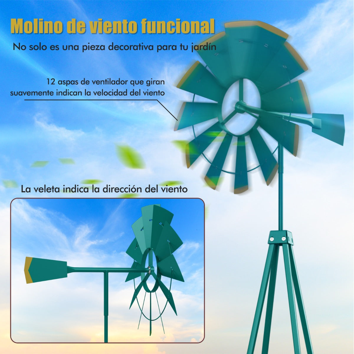 Molino de Viento Ornamental de Metal con 4 Estacas 4 Patas de Soporte Veleta Decorativa para Patio Jardín Granja 67 x 67 x 253 cm Verde