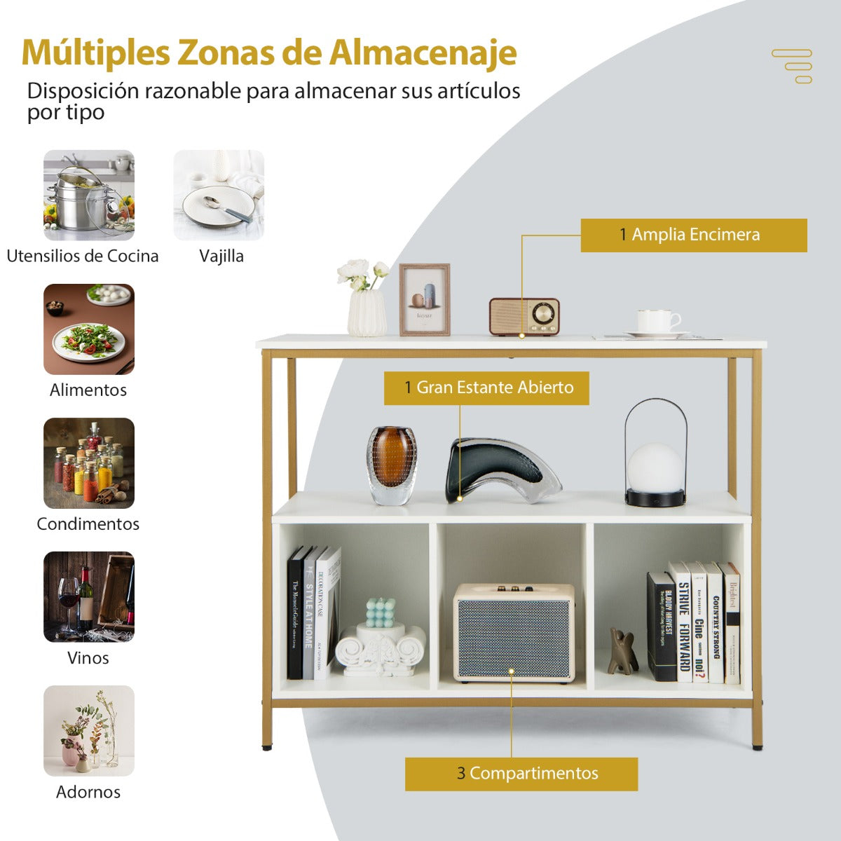 Mueble Aparador de Buffet Despensa de Madera de 3 Niveles con Estante Abierto 3 Compartimentos para Cocina 110 x 42,5 x 88 cm Blanco