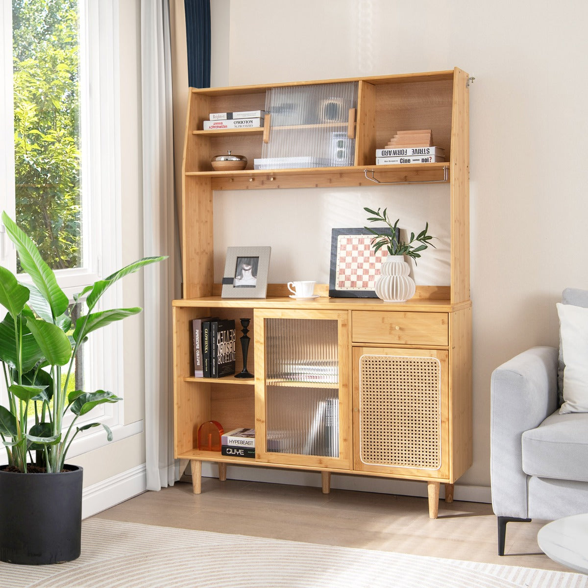 Aparador de Salón de Bambú con Puerta Corrediza de Vidrio Templado Ratán Ganchos Estante y Cajón para Cocina 120 x 35 x 175 cm Natural