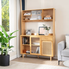 Aparador de Salón de Bambú con Puerta Corrediza de Vidrio Templado Ratán Ganchos Estante y Cajón para Cocina 120 x 35 x 175 cm Natural