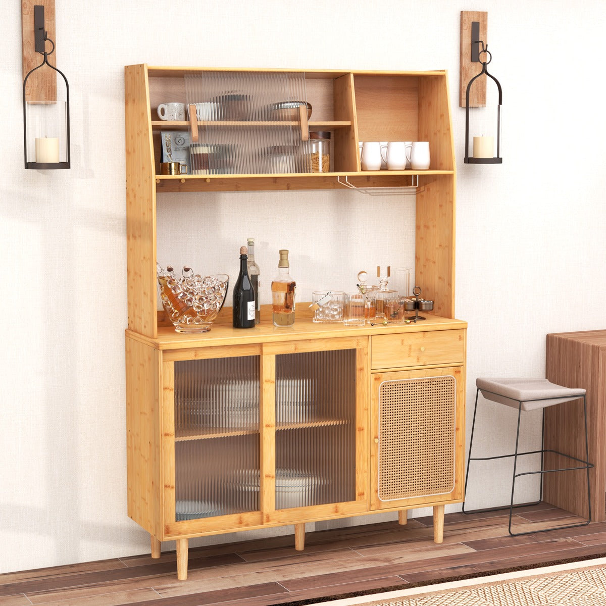 Aparador de Salón de Bambú con Puerta Corrediza de Vidrio Templado Ratán Ganchos Estante y Cajón para Cocina 120 x 35 x 175 cm Natural