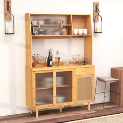 Aparador de Salón de Bambú con Puerta Corrediza de Vidrio Templado Ratán Ganchos Estante y Cajón para Cocina 120 x 35 x 175 cm Natural