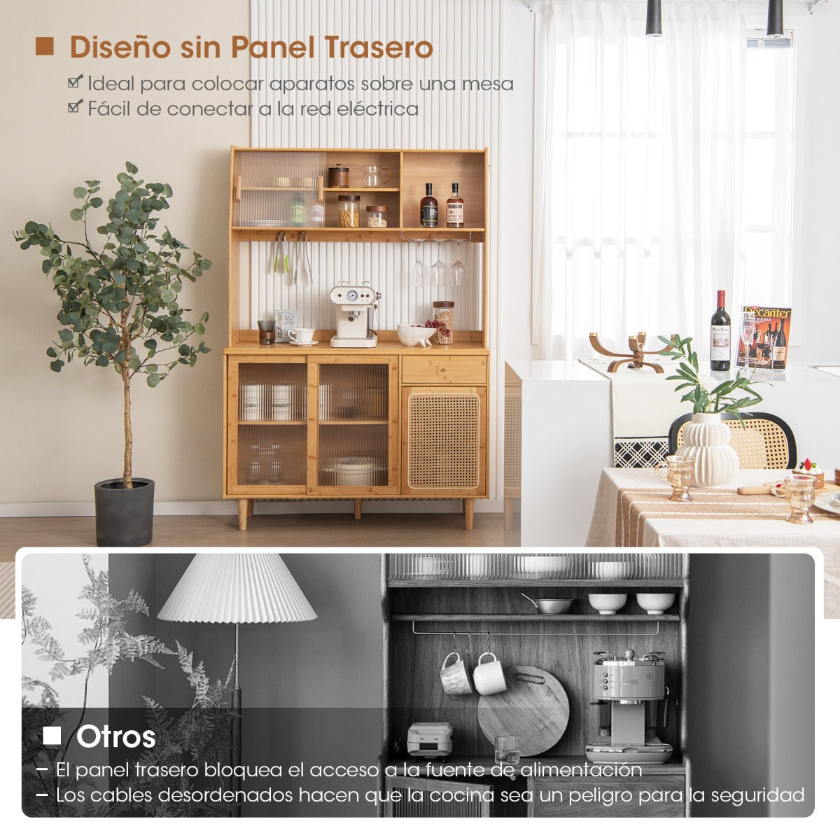 Aparador de Salón de Bambú con Puerta Corrediza de Vidrio Templado Ratán Ganchos Estante y Cajón para Cocina 120 x 35 x 175 cm Natural