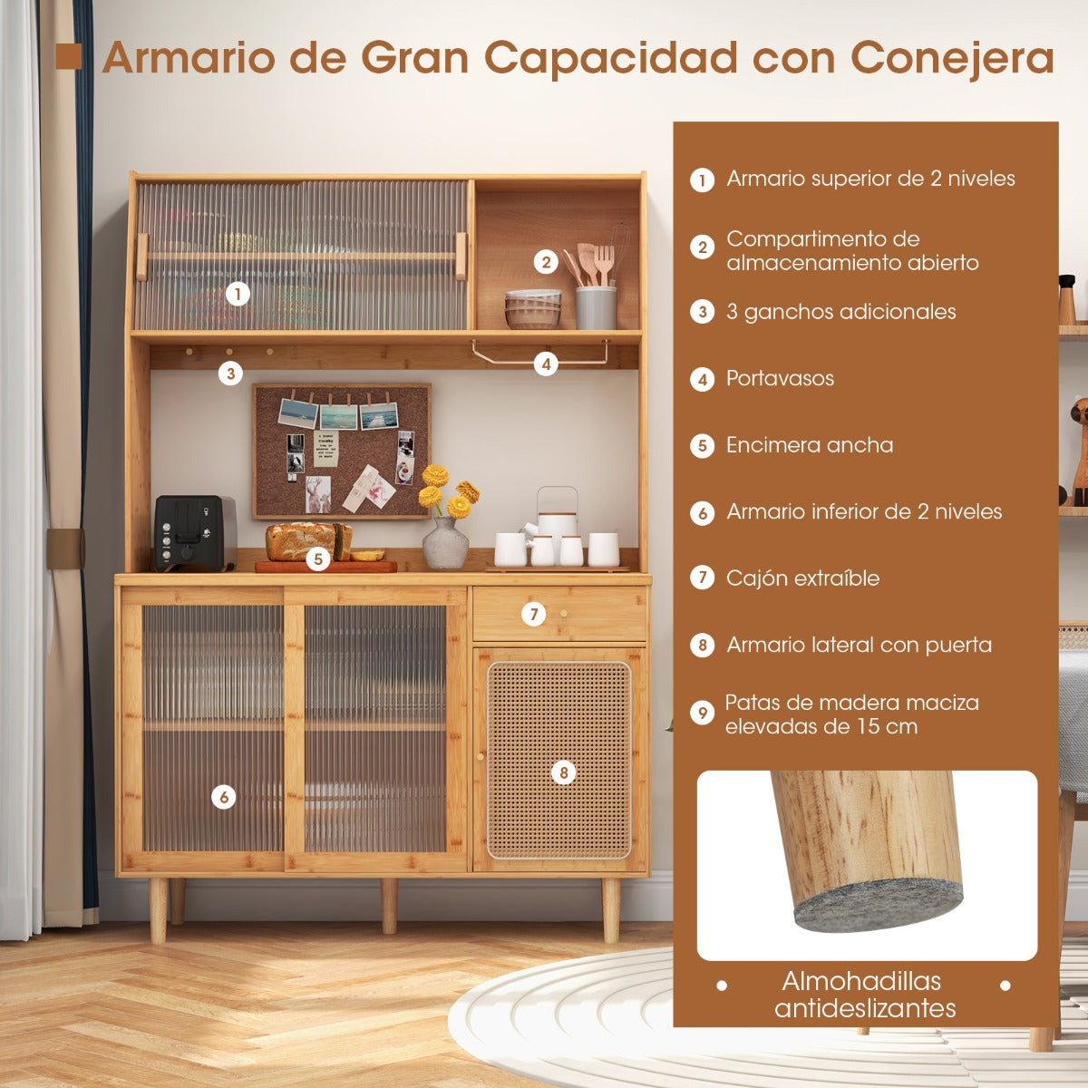 Aparador de Salón de Bambú con Puerta Corrediza de Vidrio Templado Ratán Ganchos Estante y Cajón para Cocina 120 x 35 x 175 cm Natural