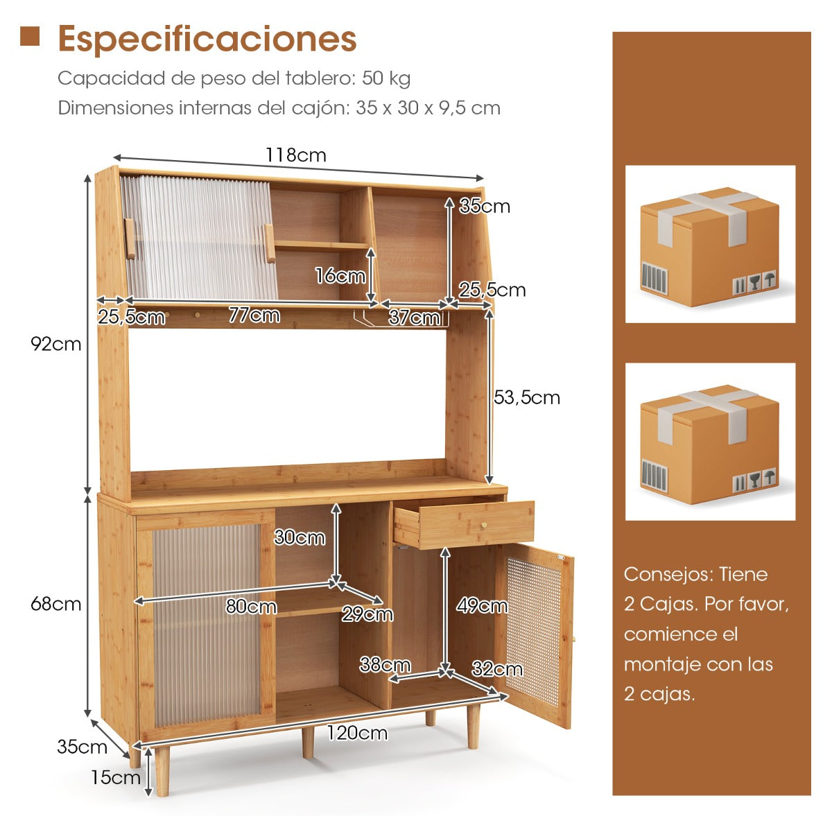 Aparador de Salón de Bambú con Puerta Corrediza de Vidrio Templado Ratán Ganchos Estante y Cajón para Cocina 120 x 35 x 175 cm Natural