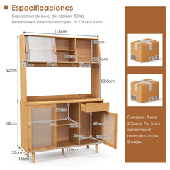 Aparador de Salón de Bambú con Puerta Corrediza de Vidrio Templado Ratán Ganchos Estante y Cajón para Cocina 120 x 35 x 175 cm Natural