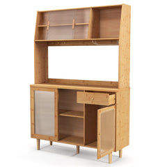 Aparador de Salón de Bambú con Puerta Corrediza de Vidrio Templado Ratán Ganchos Estante y Cajón para Cocina 120 x 35 x 175 cm Natural