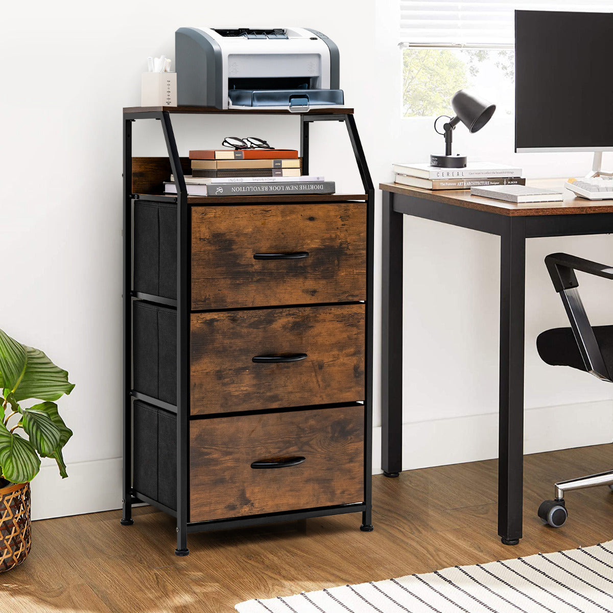 Mueble con 3 Cajones Extraíbles Plegables Cómoda Estructura de Acero para Dormitorio Salón Estudio 45 x 29,5 x 92 cm Marrón