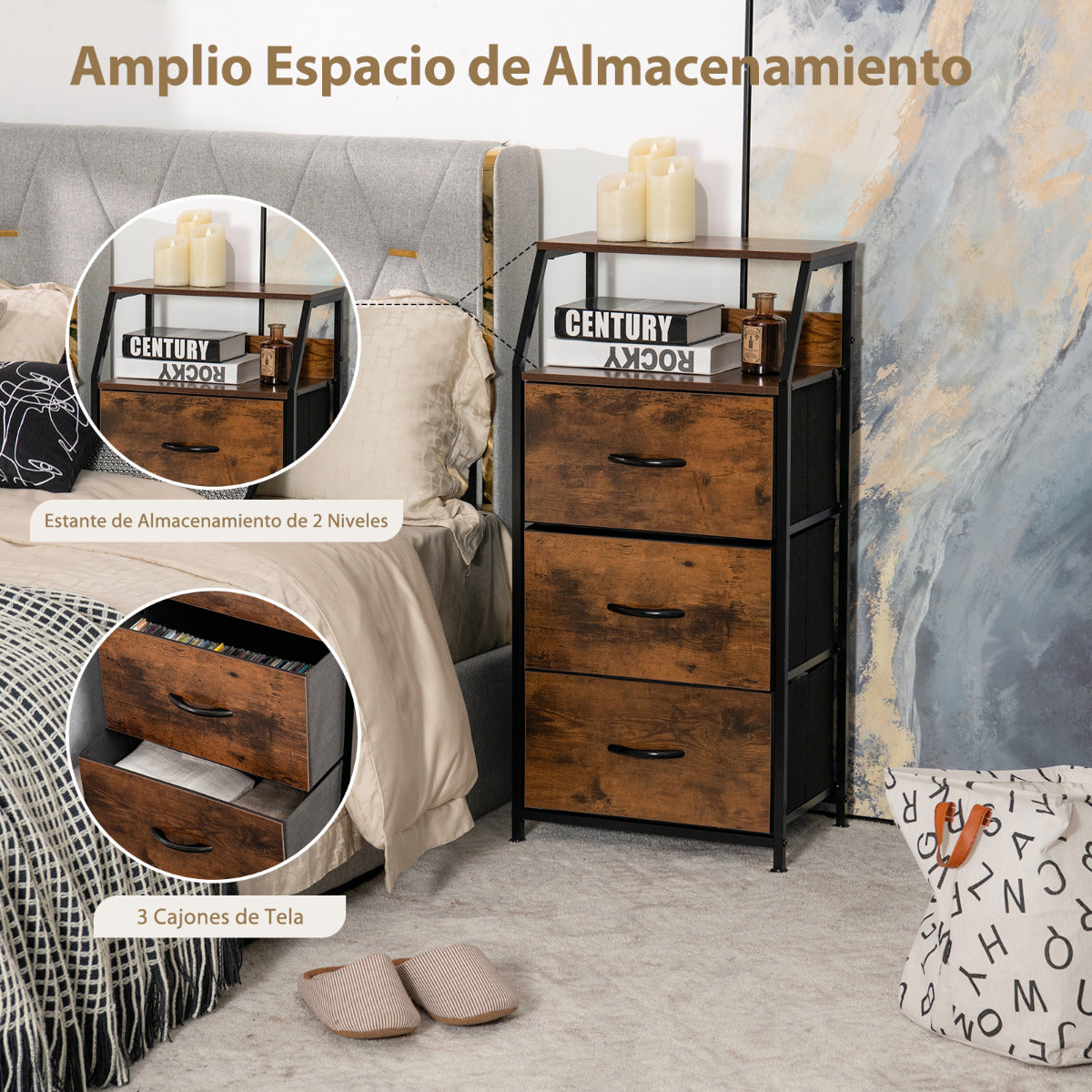 Mueble con 3 Cajones Extraíbles Plegables Cómoda Estructura de Acero para Dormitorio Salón Estudio 45 x 29,5 x 92 cm Marrón