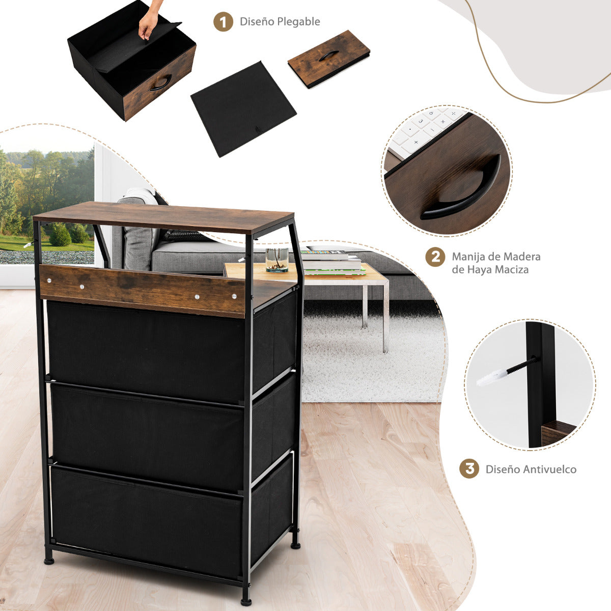 Mueble con 3 Cajones Extraíbles Plegables Cómoda Estructura de Acero para Dormitorio Salón Estudio 45 x 29,5 x 92 cm Marrón