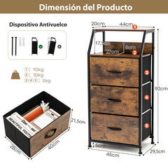 Mueble con 3 Cajones Extraíbles Plegables Cómoda Estructura de Acero para Dormitorio Salón Estudio 45 x 29,5 x 92 cm Marrón