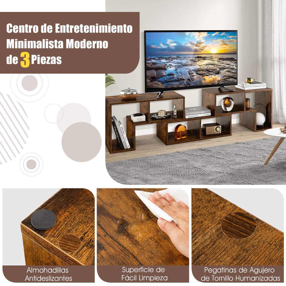 Mueble Consola de TV de 3 Piezas de Combinación Centro de Entretenimiento para TV hasta 65’’ para Salón Marrón