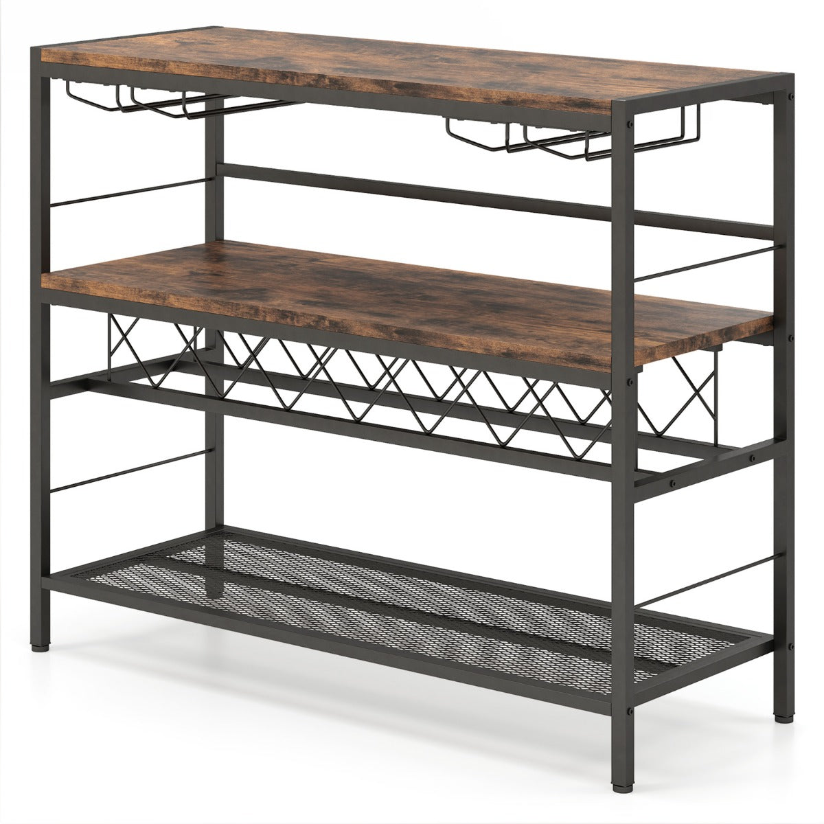 Estante para Vino de 4 Niveles Mesa de Bar para Vino de 104 cm con Almacenamiento y 4 Filas para Copas Soporte para Vino para Cocina Marrón