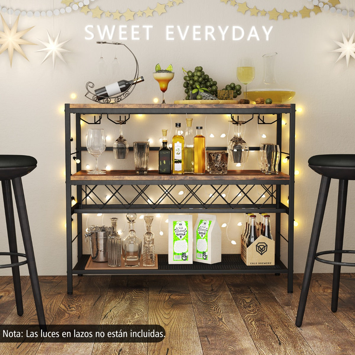 Estante para Vino de 4 Niveles Mesa de Bar para Vino de 104 cm con Almacenamiento y 4 Filas para Copas Soporte para Vino para Cocina Marrón