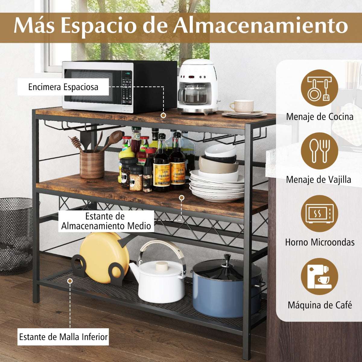 Estante para Vino de 4 Niveles Mesa de Bar para Vino de 104 cm con Almacenamiento y 4 Filas para Copas Soporte para Vino para Cocina Marrón