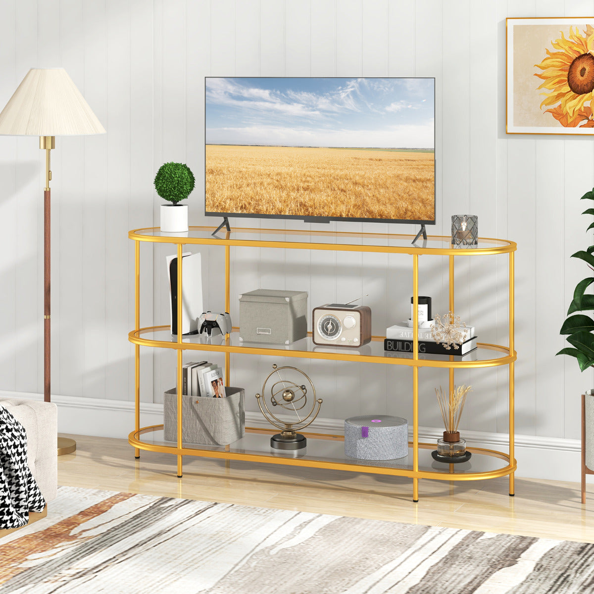 Mueble de TV de 3 Niveles para Televisores de hasta 65'' Consola de TV con Estantes de Vidrio Templado Moderno para Salón Entrada Dorado