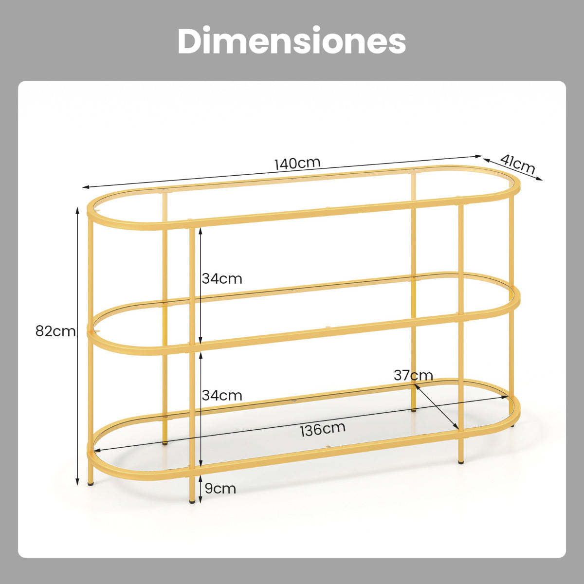 Mueble de TV de 3 Niveles para Televisores de hasta 65'' Consola de TV con Estantes de Vidrio Templado Moderno para Salón Entrada Dorado