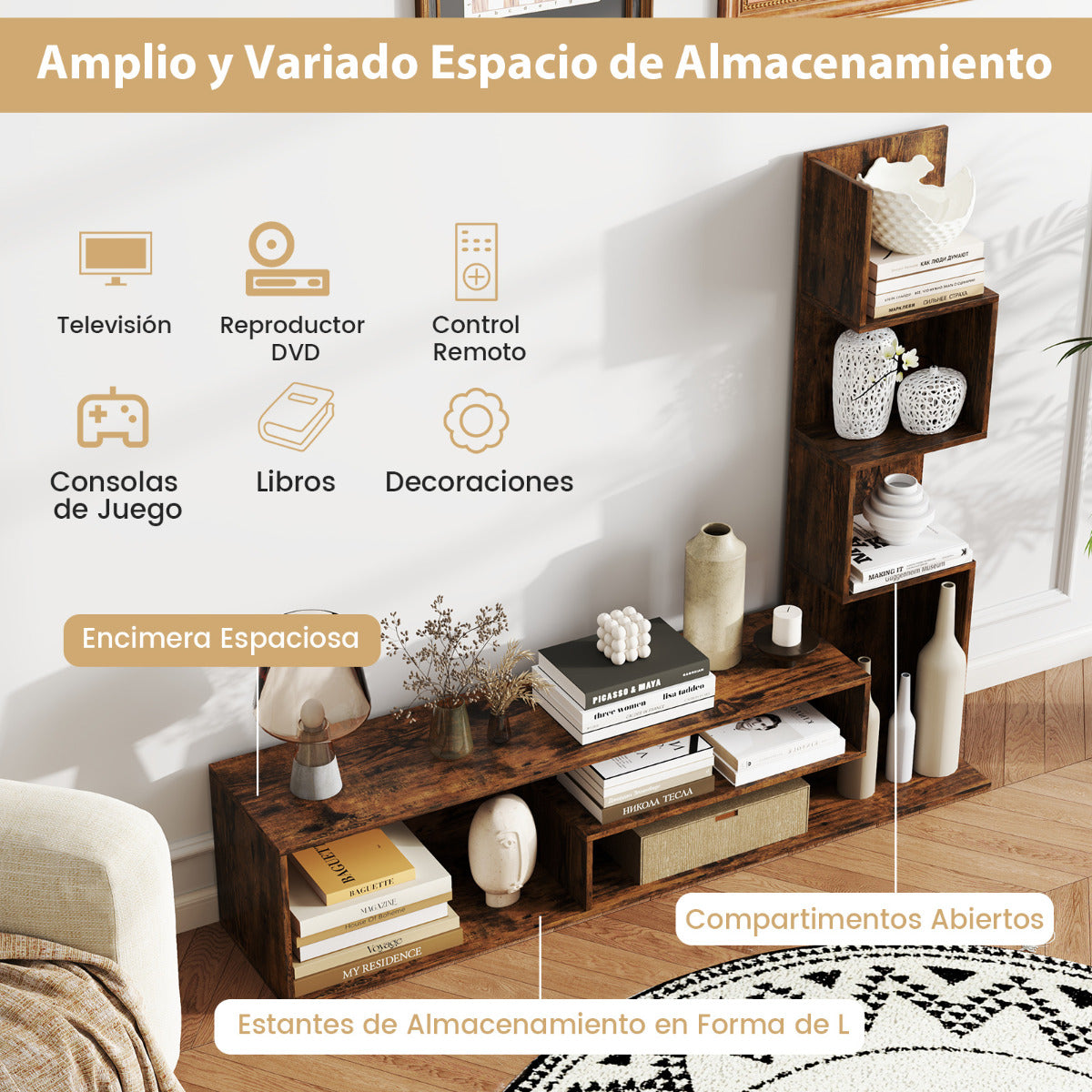 Mueble de TV con Cubos para Televisores de Hasta 50" Mesa Consola con Estantes en Forma de L y Compartimentos Abiertos para Salón Marrón