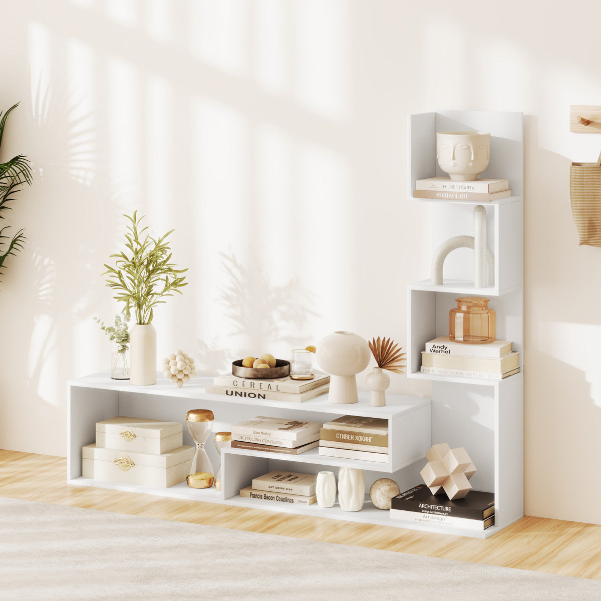 Mueble de TV con Cubos para Televisores de Hasta 50" Mesa Consola con Estantes en Forma de L y Compartimentos Abiertos para Salón Blanco