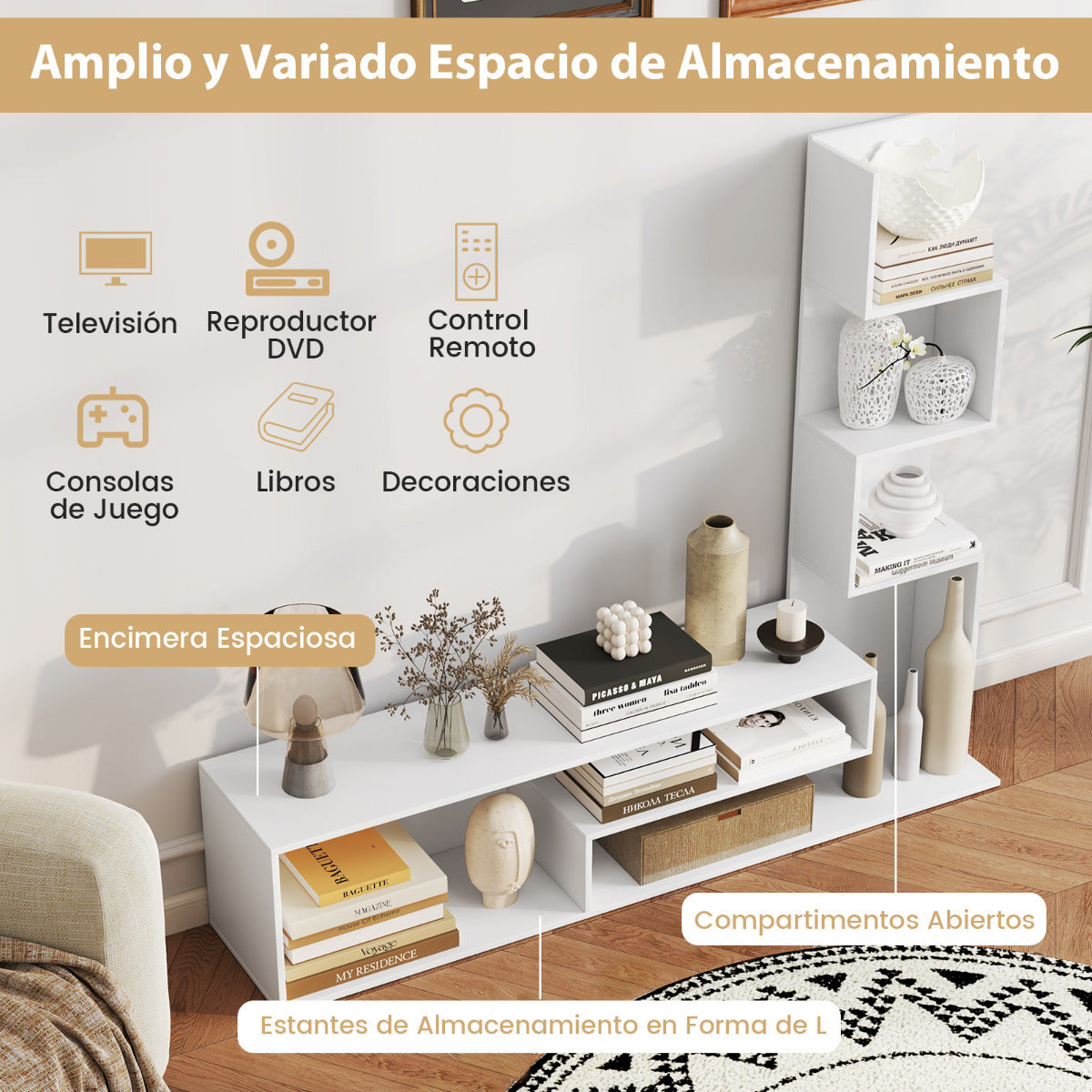 Mueble de TV con Cubos para Televisores de Hasta 50" Mesa Consola con Estantes en Forma de L y Compartimentos Abiertos para Salón Blanco