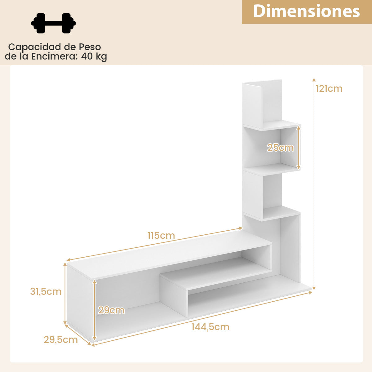 Mueble de TV con Cubos para Televisores de Hasta 50" Mesa Consola con Estantes en Forma de L y Compartimentos Abiertos para Salón Blanco