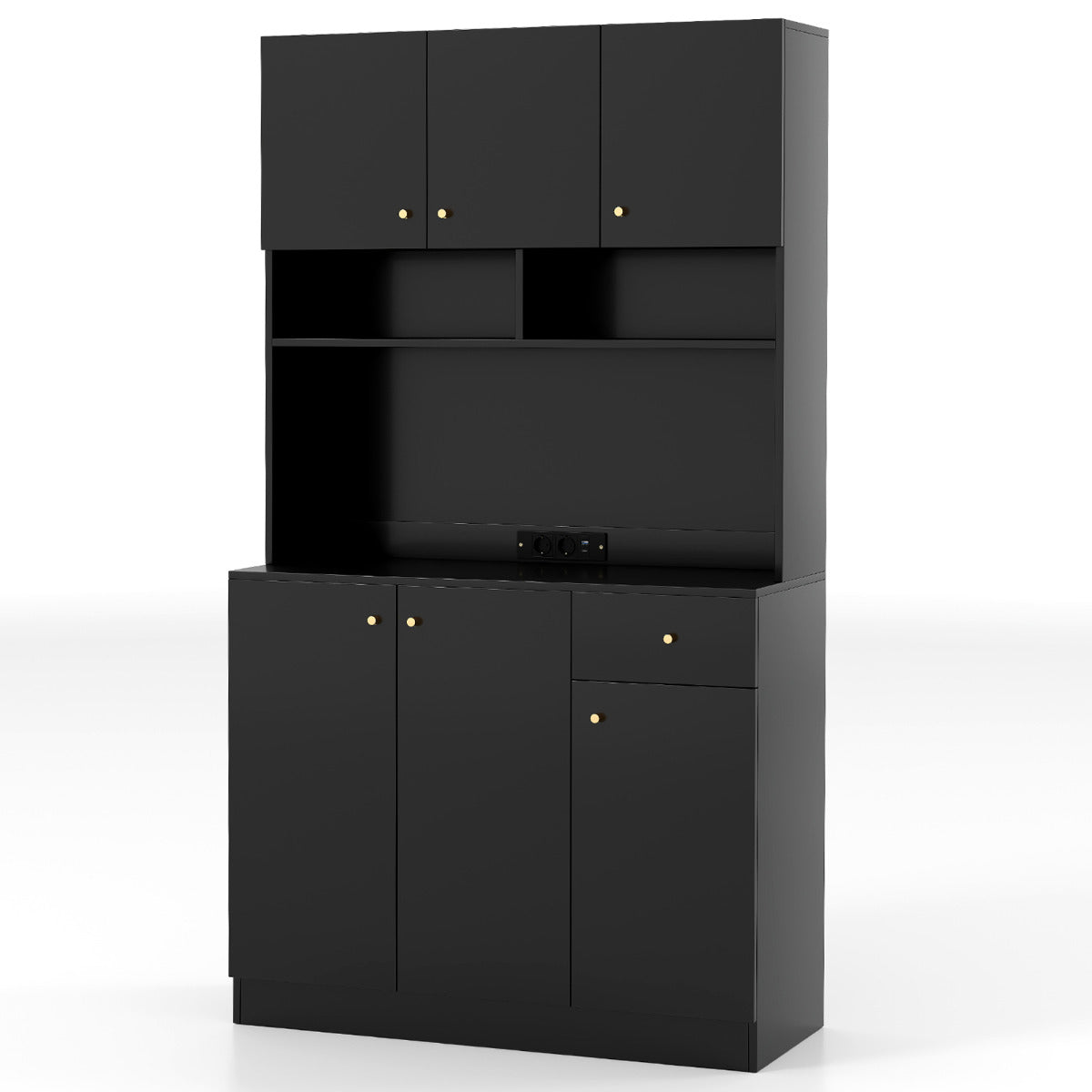 Mueble Despensa Alto 181 cm con Tomas de Corriente Puertos USB Kits Antivuelco Estantes Armario Buffet con Aparador para Comedor Negro