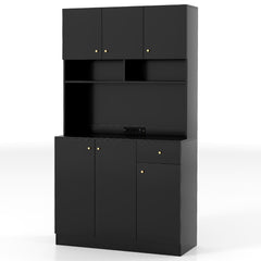 Mueble Despensa Alto 181 cm con Tomas de Corriente Puertos USB Kits Antivuelco Estantes Armario Buffet con Aparador para Comedor Negro