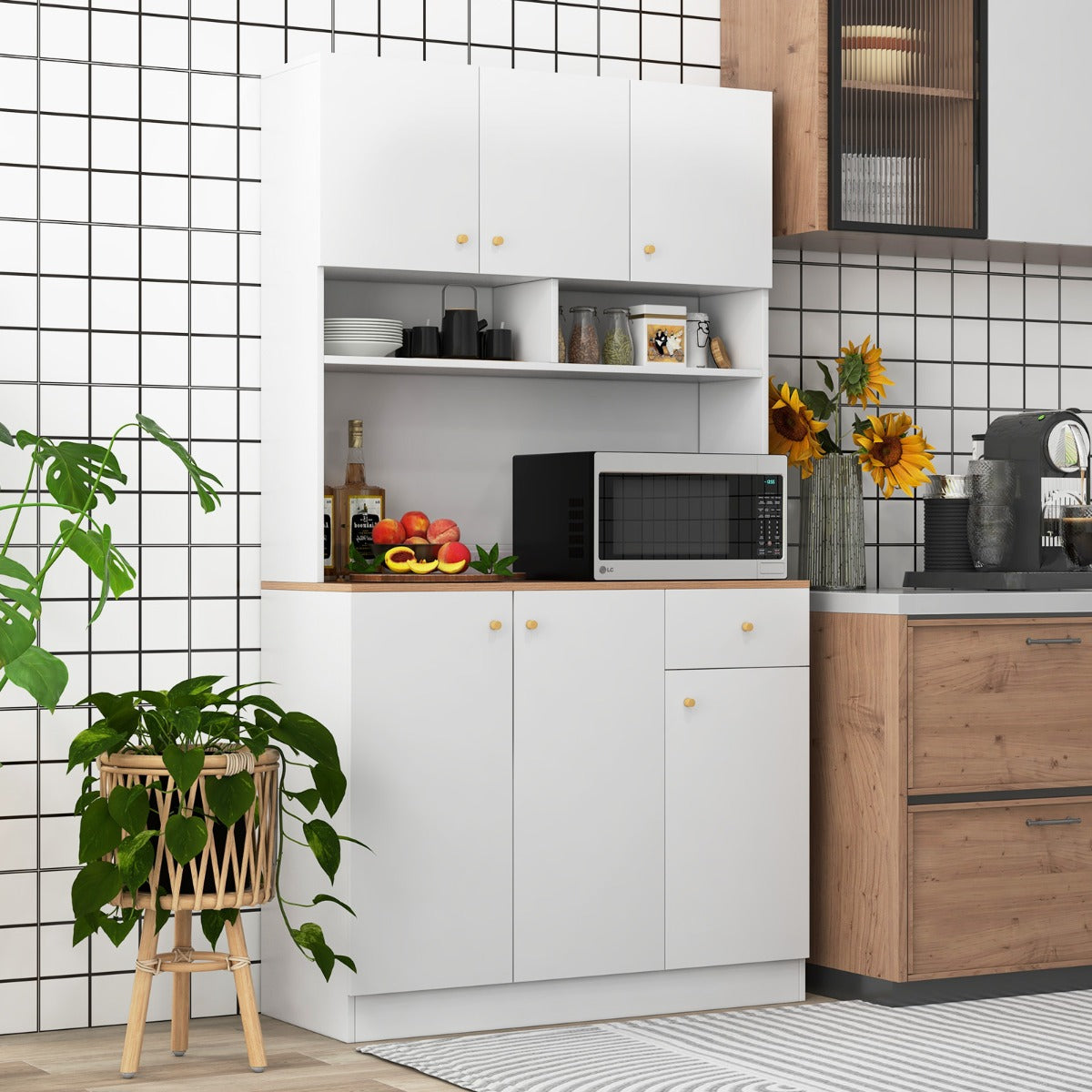 Armario Buffet de Cocina con Tomas de Corriente Puerto USB Kits Antivuelco Estantes Ajustables de 3 Posiciones 100 x 40 x 181 cm Blanco