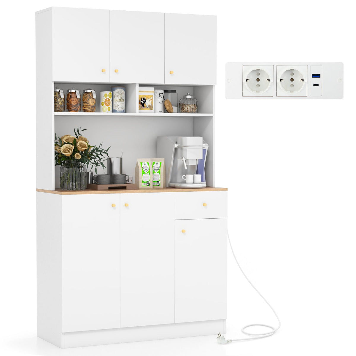 Mueble Despensa Alto 181 cm con Tomas de Corriente Puertos USB Kits Antivuelco Estantes Armario Buffet con Aparador para Comedor Blanco