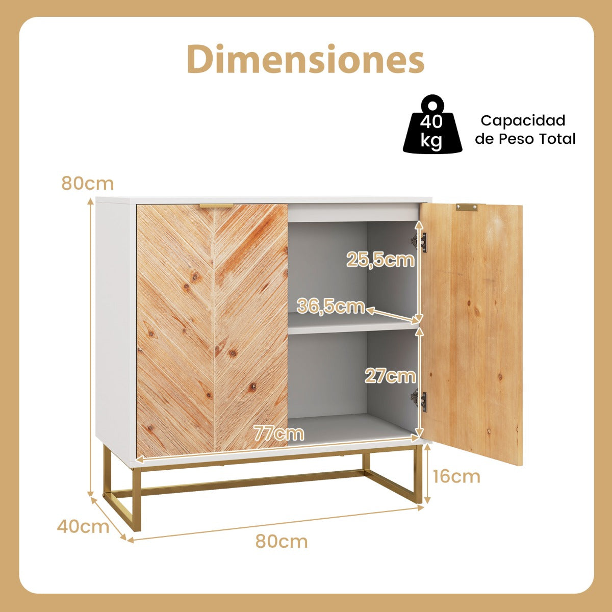 Armario de Almacenamiento Mesa de Consola con Puertas y Estante Mueble de Centro con Patas Metálicas Moderno para Salón Comedor Blanco