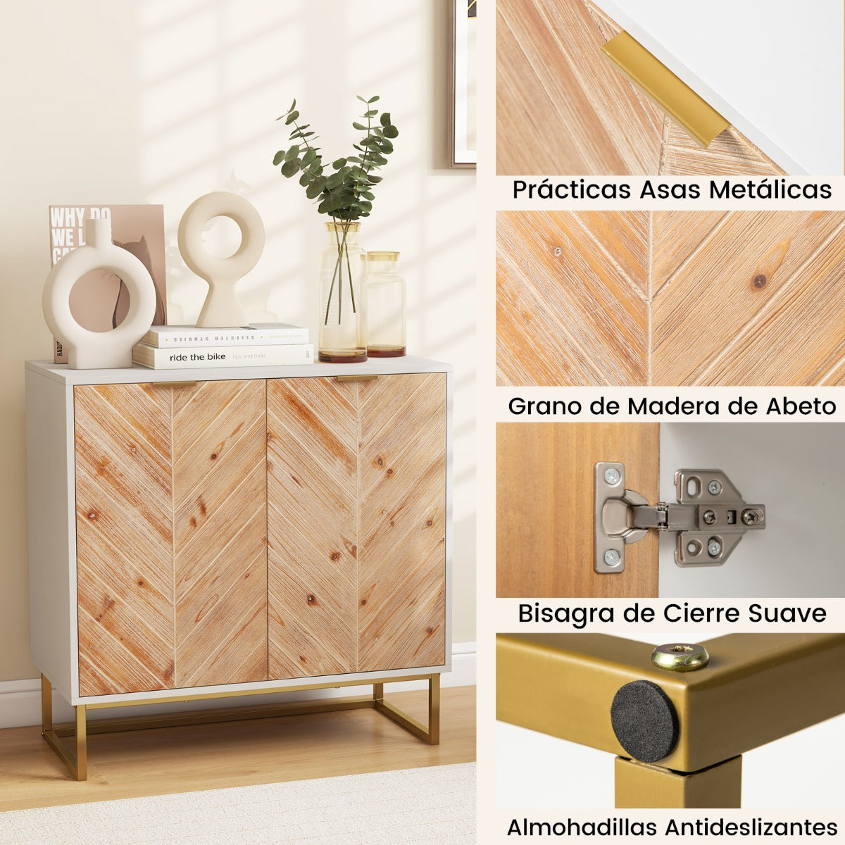 Armario de Almacenamiento Mesa de Consola con Puertas y Estante Mueble de Centro con Patas Metálicas Moderno para Salón Comedor Blanco