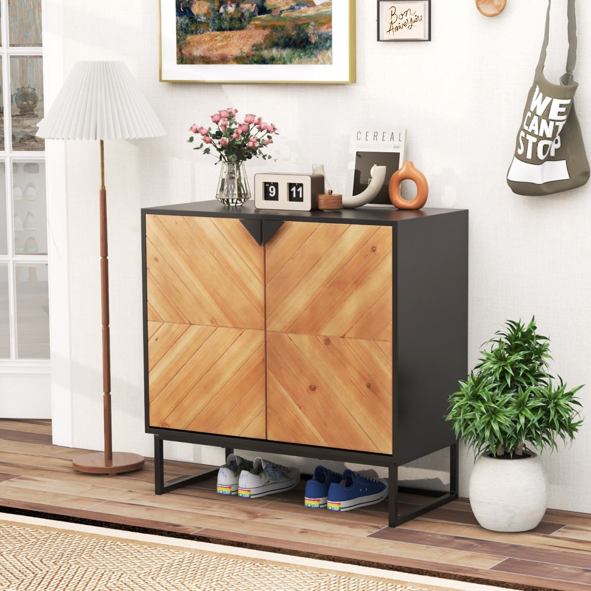 Armario de Almacenamiento Mesa de Consola con Puertas y Estante Mueble de Centro con Patas Metálicas Moderno para Salón Comedor Negro