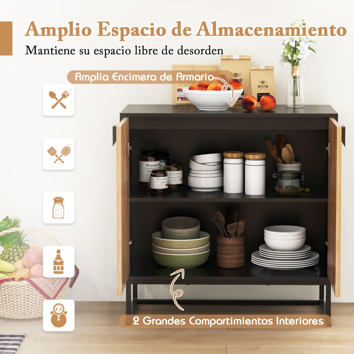 Armario de Almacenamiento Mesa de Consola con Puertas y Estante Mueble de Centro con Patas Metálicas Moderno para Salón Comedor Negro