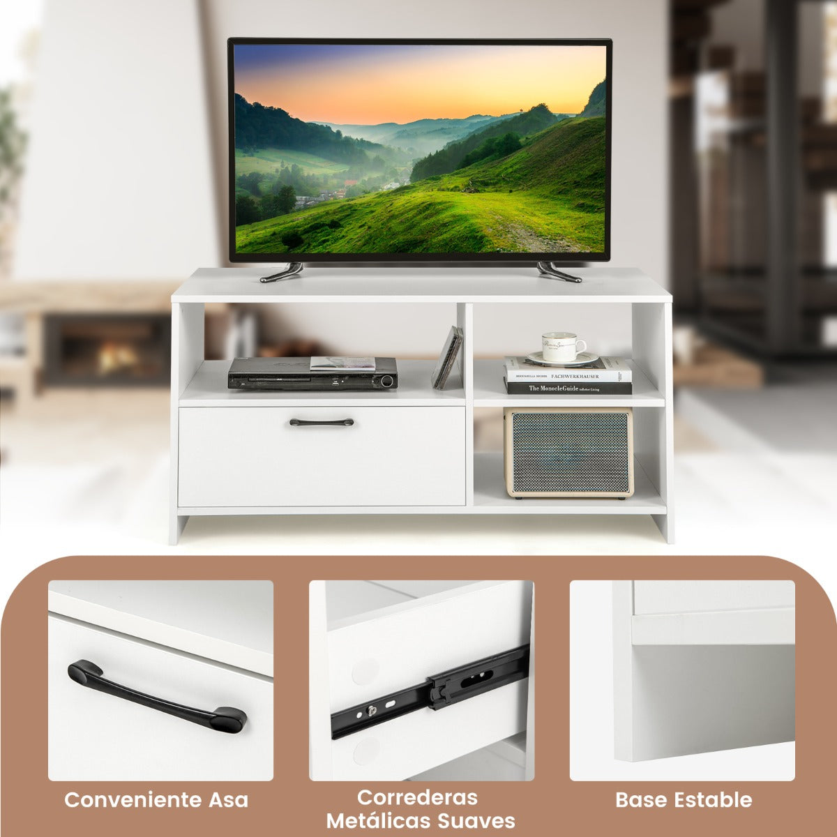 Mueble de TV para Pantallas hasta 50" Mesa Moderna de Consola con 3 Compartimentos Cajón para Salón Dormitorio 104,5 x 51,5 x 52 cm Blanco