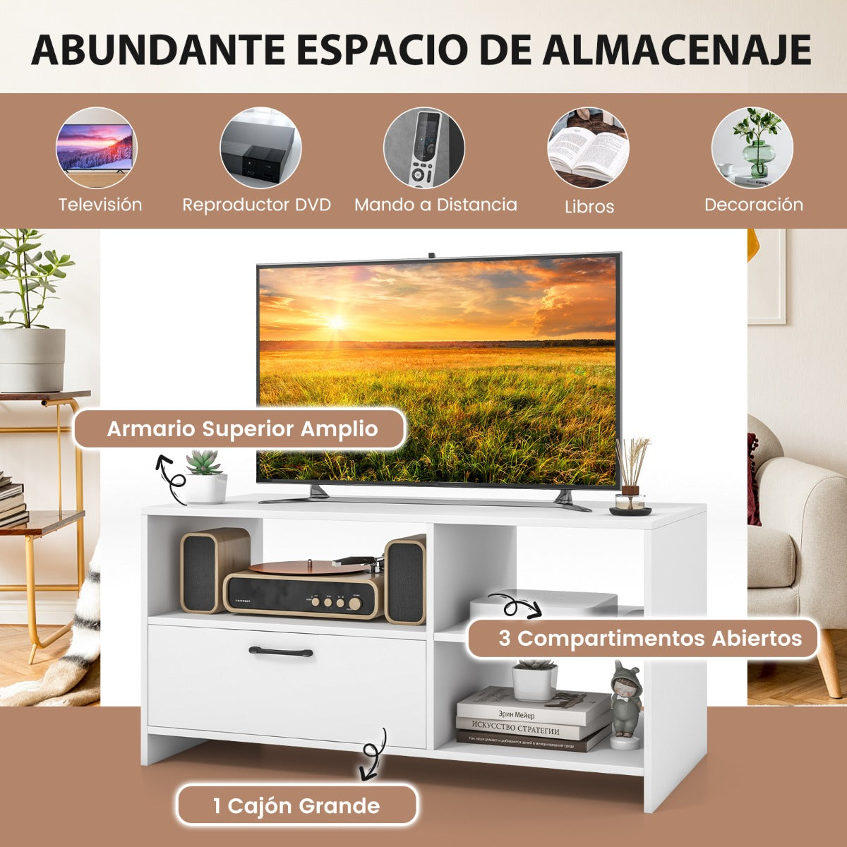 Mueble de TV para Pantallas hasta 50" Mesa Moderna de Consola con 3 Compartimentos Cajón para Salón Dormitorio 104,5 x 51,5 x 52 cm Blanco