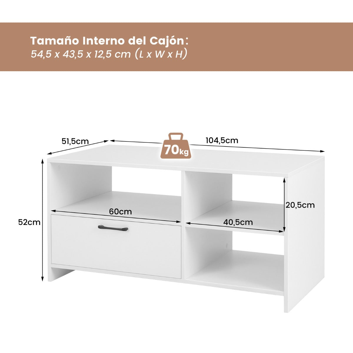 Mueble de TV para Pantallas hasta 50" Mesa Moderna de Consola con 3 Compartimentos Cajón para Salón Dormitorio 104,5 x 51,5 x 52 cm Blanco