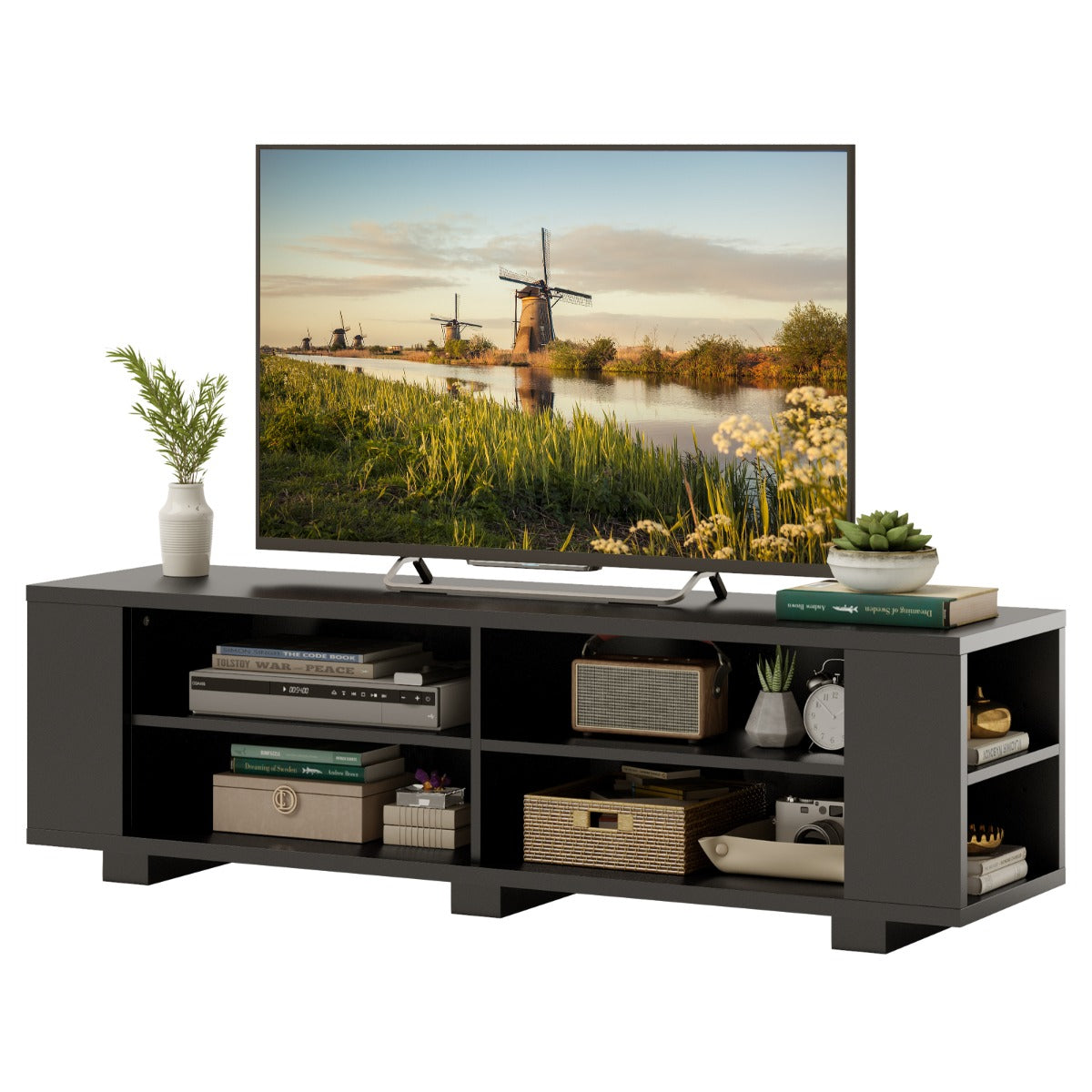 Mueble para TV de hasta 65" con 4 Compartimentos Abiertos Ajustables 4 Estantes Laterales 150 x 39 x 45 cm-Negro