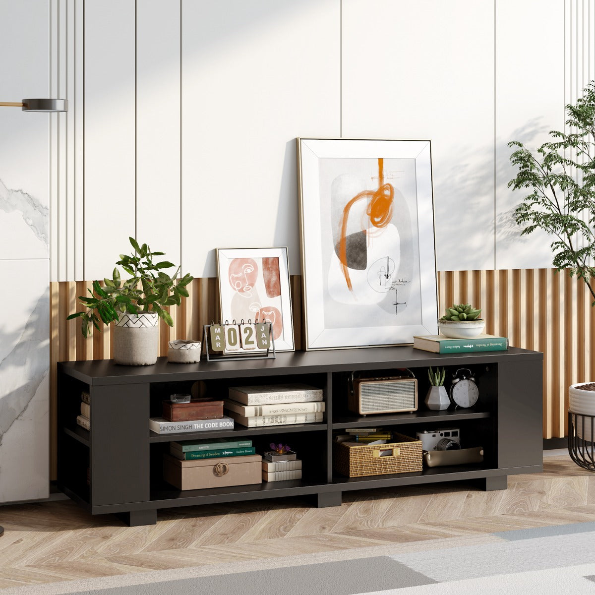 Mueble para TV de hasta 65" con 4 Compartimentos Abiertos Ajustables 4 Estantes Laterales 150 x 39 x 45 cm-Negro