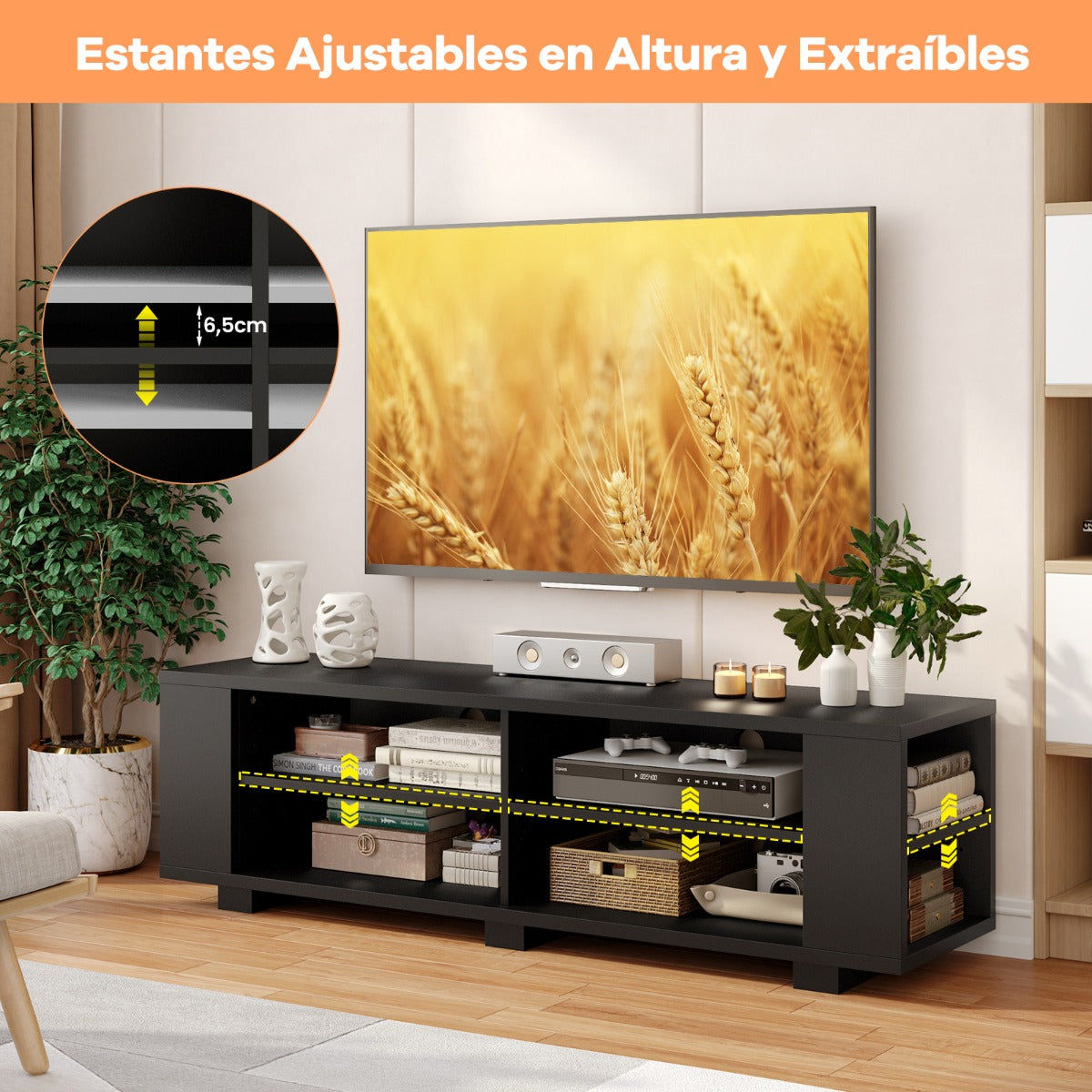 Mueble para TV de hasta 65" con 4 Compartimentos Abiertos Ajustables 4 Estantes Laterales 150 x 39 x 45 cm-Negro