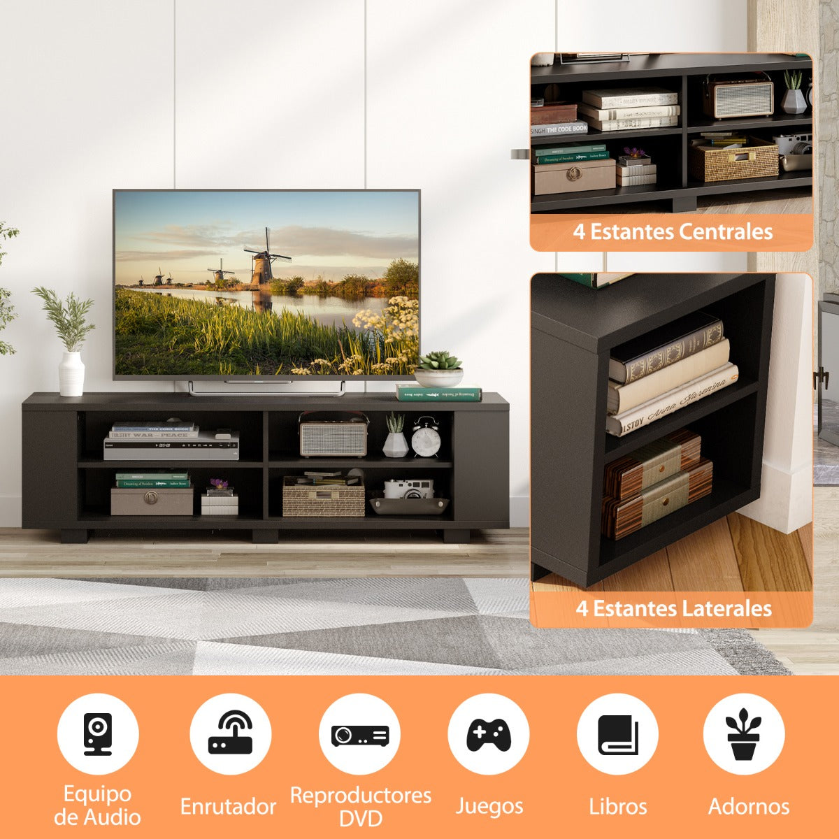 Mueble para TV de hasta 65" con 4 Compartimentos Abiertos Ajustables 4 Estantes Laterales 150 x 39 x 45 cm-Negro