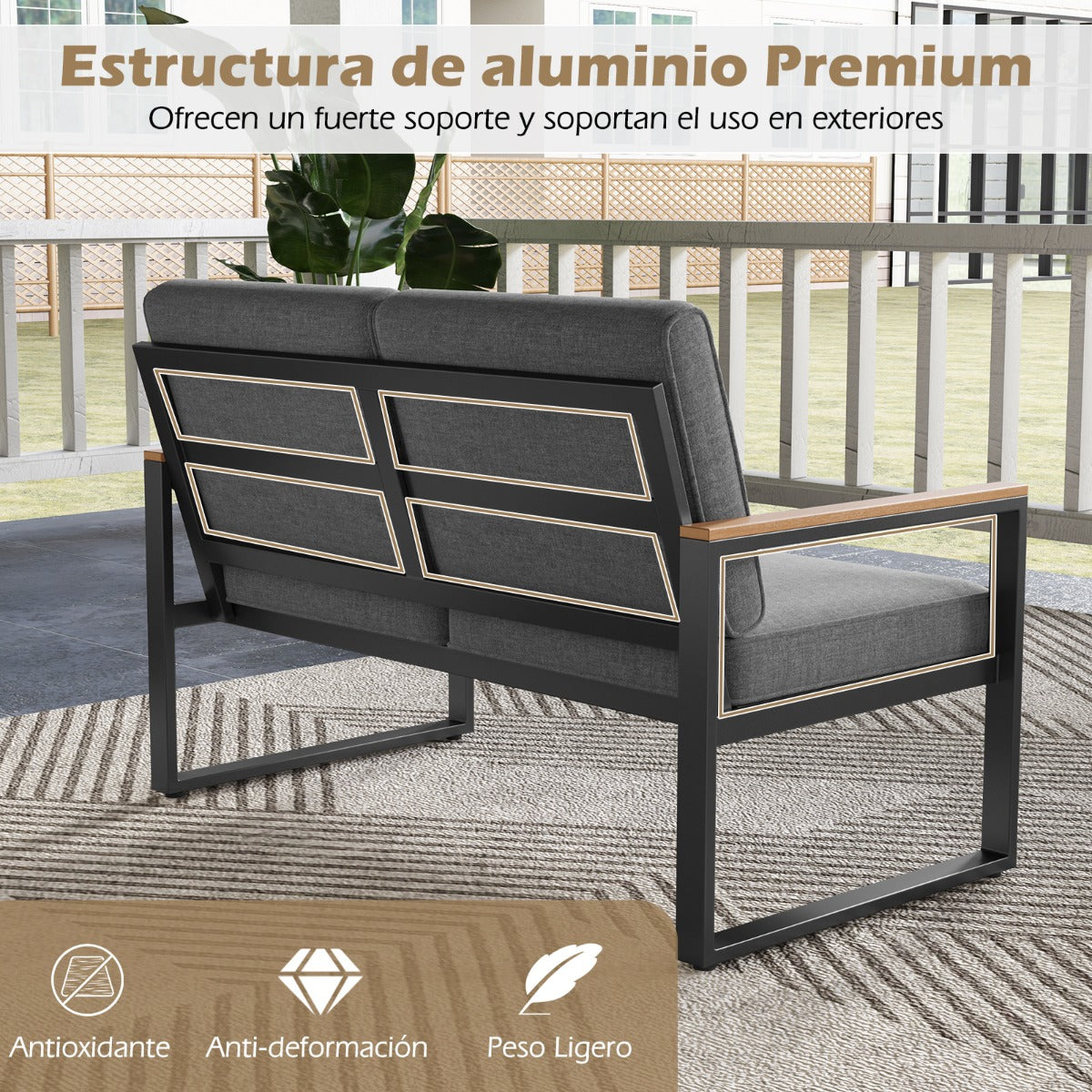 Conjunto de Muebles de Aluminio para Exterior Sofá Seccional Acolchado Gris con Mesa de Café