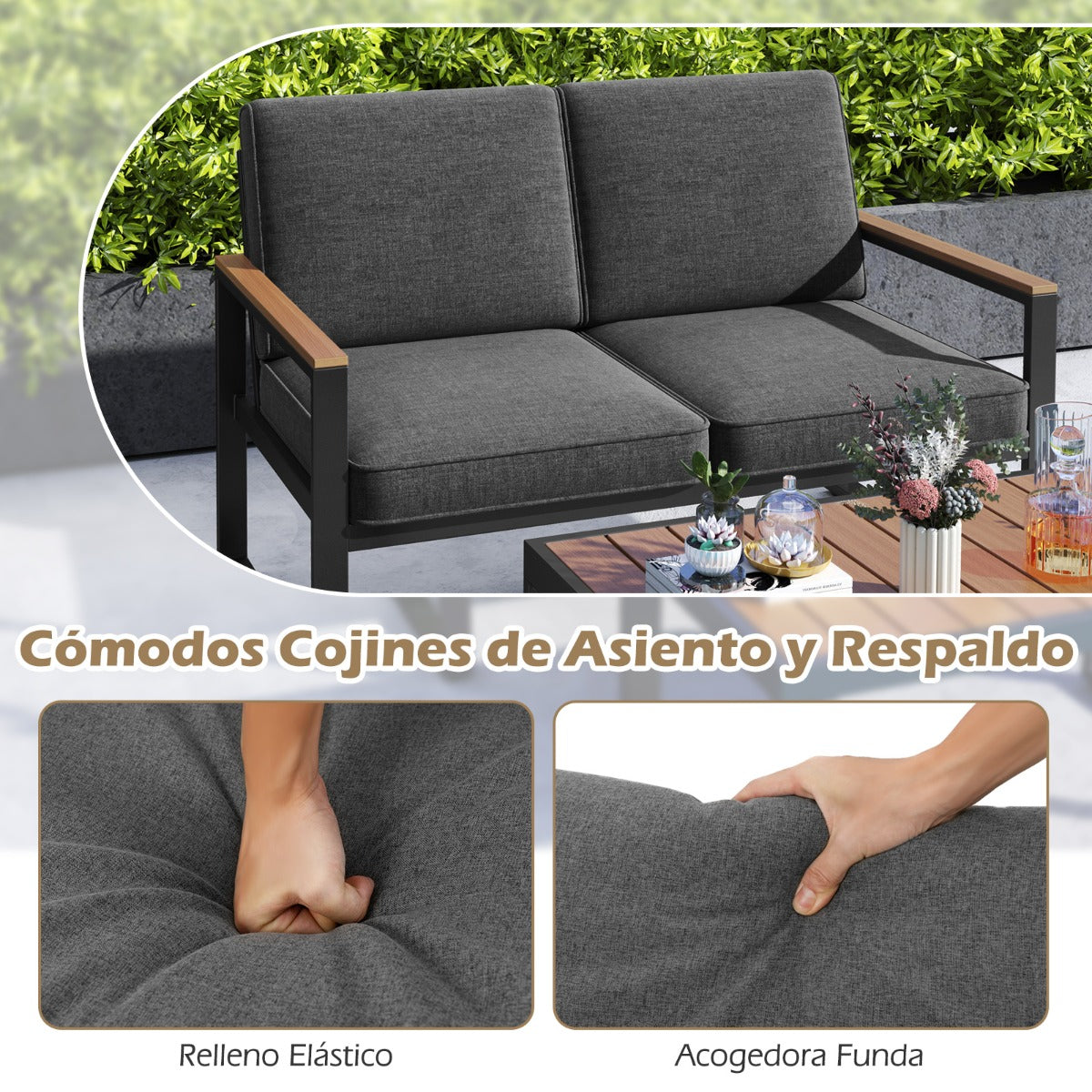 Conjunto de Muebles de Aluminio para Exterior Sofá Seccional Acolchado Gris con Mesa de Café