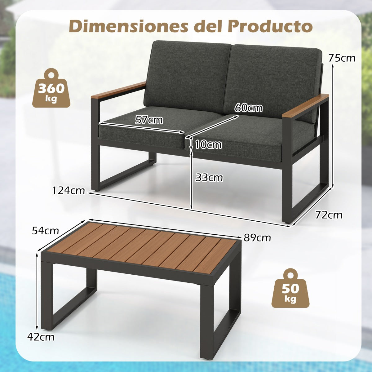 Conjunto de Muebles de Aluminio para Exterior Sofá Seccional Acolchado Gris con Mesa de Café